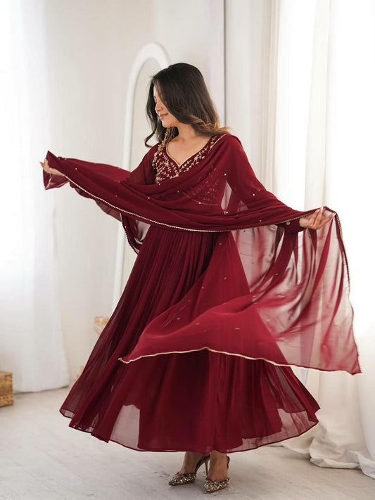 Maroon Georgette Pleated Anarkali Suit Set - Hand Embroidered V-Neck Long Gown with Dupatta - Designer Indian Wedding Guest Dress