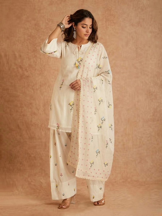 Designer White Floral Salwar Kameez Set - Minimalist Embroidered Kurti with Wide Leg Pants & Scalloped Dupatta - Festive Party Wear Outfit