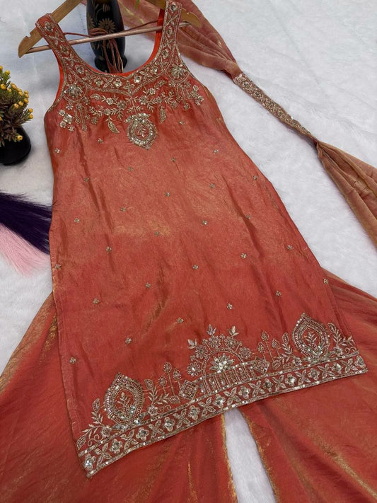 Ethnic Red Gold Embroidered Suit - Luxury Bridal Mehndi Outfit - Ready to Wear Indian Traditional Garment - Heavy Work Sharara Ensemble