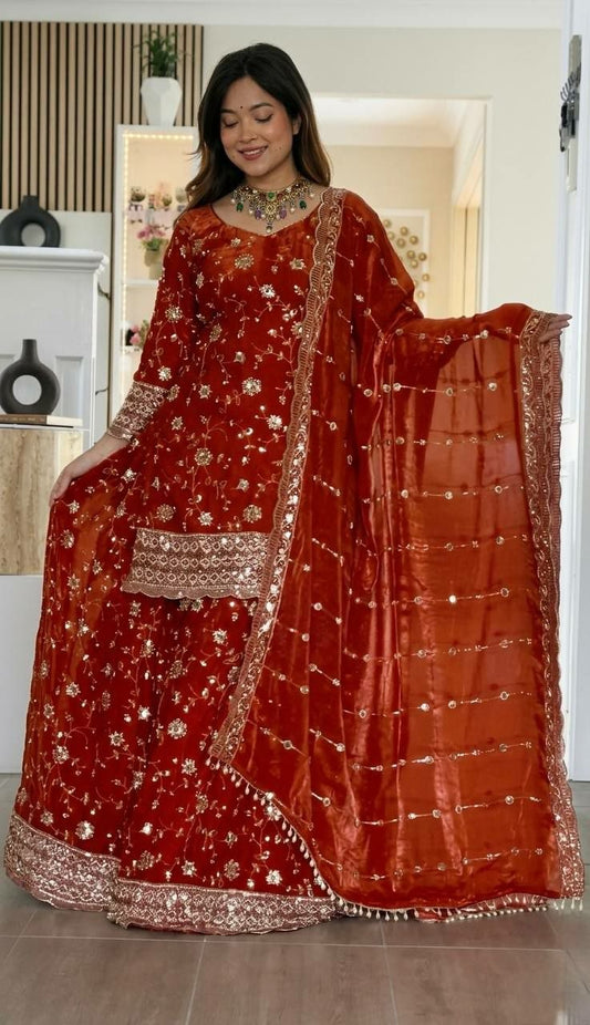 Red Floral Embroidered Gharara Set - Ready to Wear Indian Traditional Garment - Heavy Work Silk Chiffon Suit with Scalloped Border Dupatta
