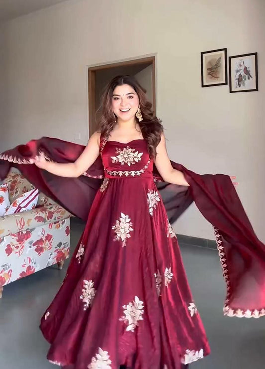 Wine Red Embroidered Gown Set - Sleeveless Silk Blend Ethnic Suit with Matching Trousers - Festive Celebration Readymade Garment