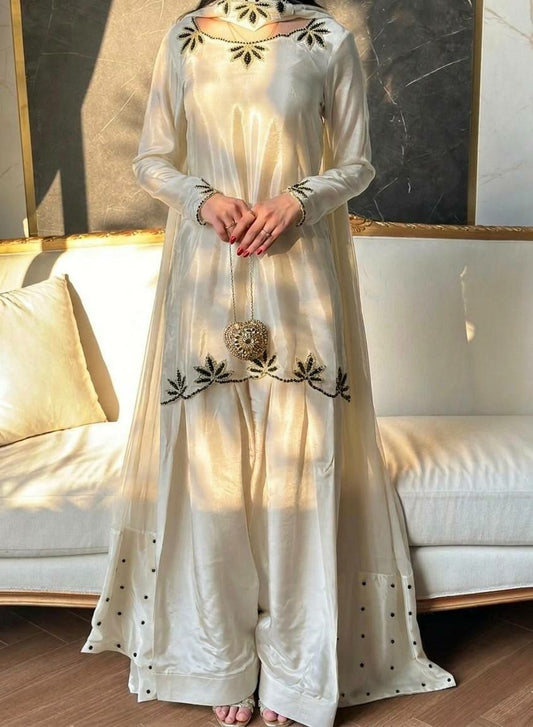 Ivory Silk Salwar Kameez Set - Black Floral Hand Embroidery - 3-Piece Indian Ethnic Wear - Designer Kurta with Wide Leg Pants & Dupatta