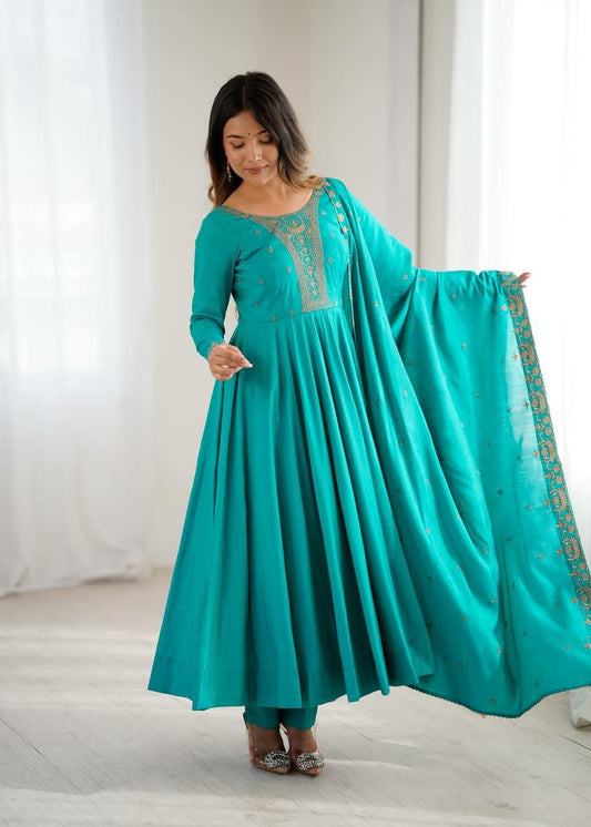 Elegant Turquoise 3-Piece Anarkali Dress for Women - Traditional Embroidered Festive Wear Salwar Kameez - Ready to Wear Indian Party Outfit