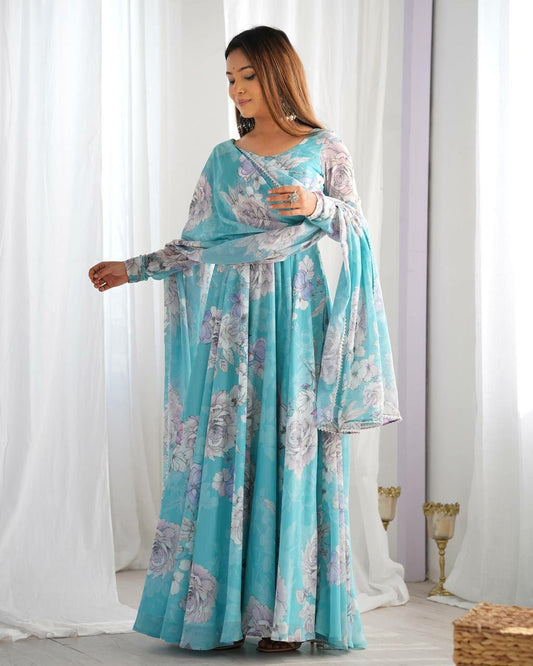 Turquoise Blue Floral Printed Anarkali Suit Set - Georgette Long Flare Gown with Dupatta - Elegant Indian Wedding Guest Wear for Women