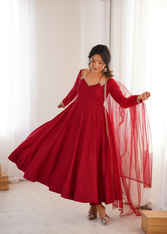 Deep Red Anarkali Gown with Sequin Border Dupatta – 3-Piece Readymade Salwar Kameez Set – Silk Blend Party Wear Dress – Bollywood Style Suit