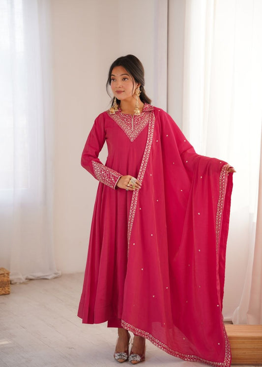 Hot Pink Anarkali Suit Set with Embroidered Neckline – 3-Piece Designer Salwar Kameez – Indian Wedding Guest Outfit – Readymade Festive Wear for Women
