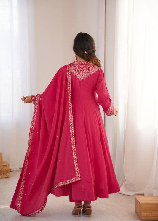 Hot Pink Anarkali Suit Set with Embroidered Neckline – 3-Piece Designer Salwar Kameez – Indian Wedding Guest Outfit – Readymade Festive Wear for Women