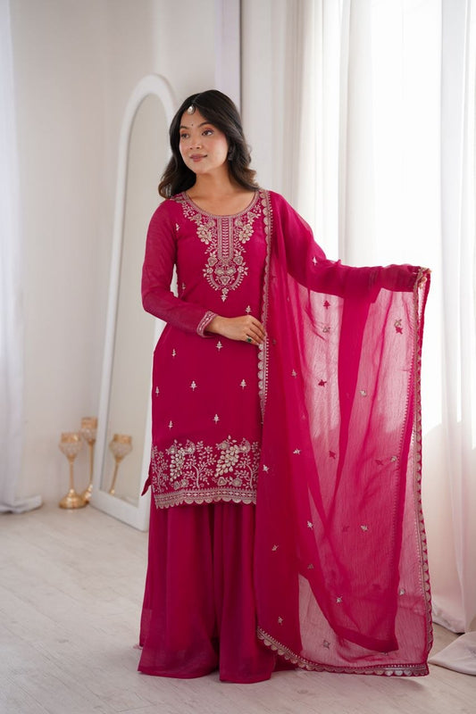 Hot Pink Sharara Suit Set – Embroidered Georgette Kurta with Wide Leg Palazzo & Dupatta – Indian Wedding Guest Wear, Festive Ethnic Outfit for Women