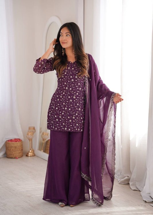Designer Purple Sharara Suit for Women - Floral Embroidery Work Kurti - Festive Wear Salwar Suit Set - Pakistani Style Occasion Wear