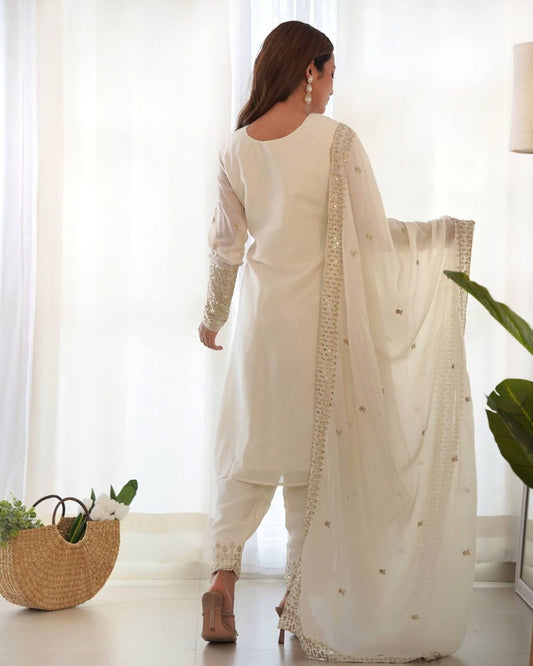 Designer Cream Salwar Suit for Women - Heavy Embroidery and Mirror Work Kurti - Festive Wear Pant Style Suit - Pakistani Style Occasion Wear