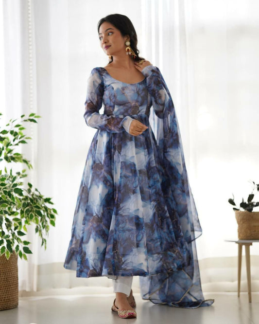 Blue Marble Print Anarkali Suit - Ready to Wear Georgette Long Kurta with Pant and Dupatta Set - Indian Wedding Ethnic Wear - Floral Abstract Gown