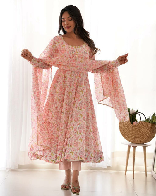 Soft Pink Floral Anarkali Set - Romantic Summer Ethnic Wear - Bridesmaid Gown with Matching Dupatta - Handcrafted Long Dress for Special Occasions