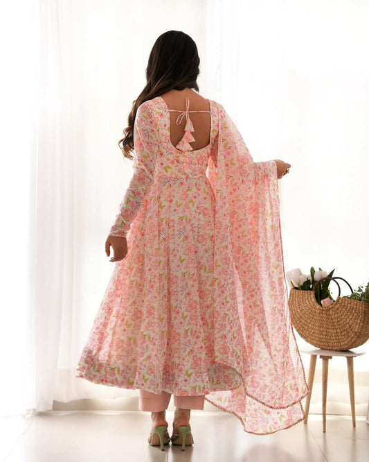 Soft Pink Floral Anarkali Set - Romantic Summer Ethnic Wear - Bridesmaid Gown with Matching Dupatta - Handcrafted Long Dress for Special Occasions