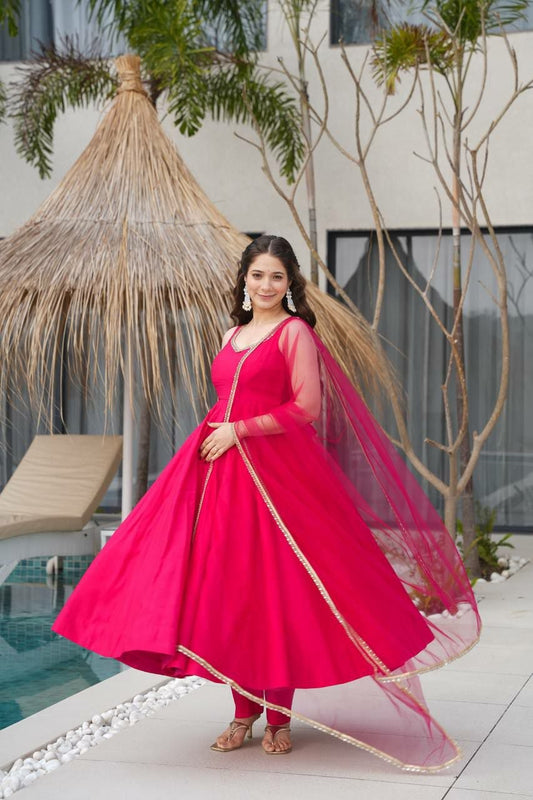 Hot Pink Anarkali Suit - Ready to Wear Designer Silk Gown with Pant and Net Dupatta Set - Indian Wedding Ethnic Wear - Festive Party Wear Dress