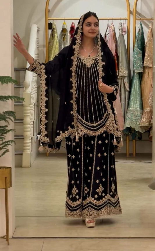 Royal Black & Gold Embroidered Sharara Suit - Ready to Wear Designer Kurta with Heavily Worked Dupatta - Indian Wedding Ethnic Wear - Zari Work Suit