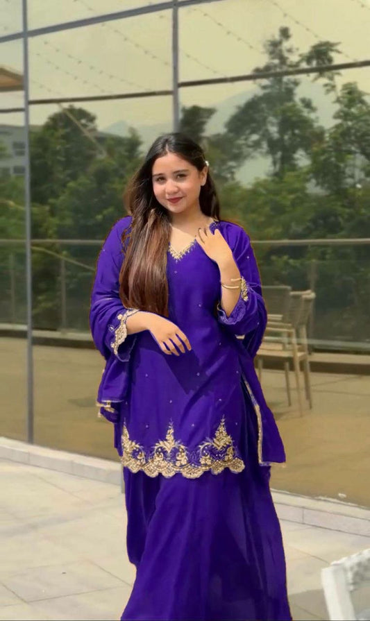 Handcrafted Purple Georgette Suit with Scalloped Borders - Traditional Indian Party Wear Kurti with Dupatta - Embroidered Evening Outfit
