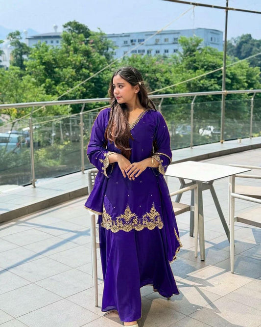 Handcrafted Purple Georgette Suit with Scalloped Borders - Traditional Indian Party Wear Kurti with Dupatta - Embroidered Evening Outfit