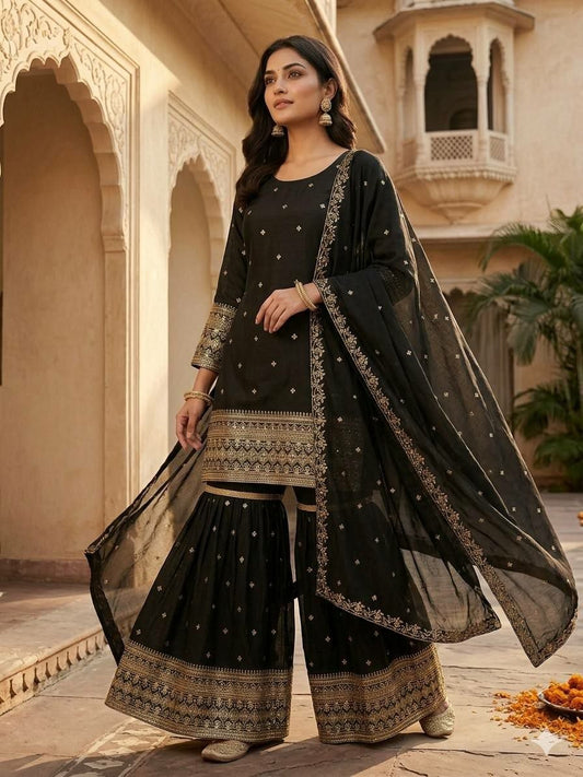 Maroon Silk Sharara Suit with Heavy Gold Zari Embroidery - 3 Piece Designer Salwar Kameez - Traditional Indian Wedding Wear - Readymade Ethnic Set