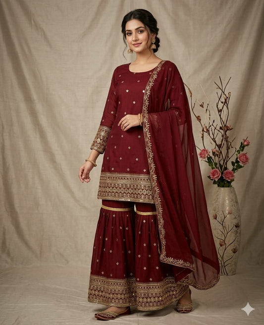Maroon Silk Sharara Suit with Heavy Gold Zari Embroidery - 3 Piece Designer Salwar Kameez - Traditional Indian Wedding Wear - Readymade Ethnic Set