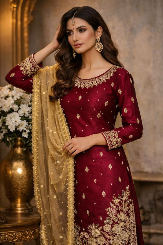 Designer Maroon Salwar Suit with Intricate Gold Floral Embroidery - Luxury Ethnic Wear for Weddings and Festivals - Readymade Indian Dress Set