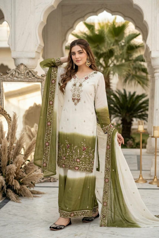 Designer Dual-Tone Embroidered Suit with Mirror Work - White & Olive Green Shaded Kurti with Dupatta - Traditional Indian Party Wear - Ethnic Dress Set