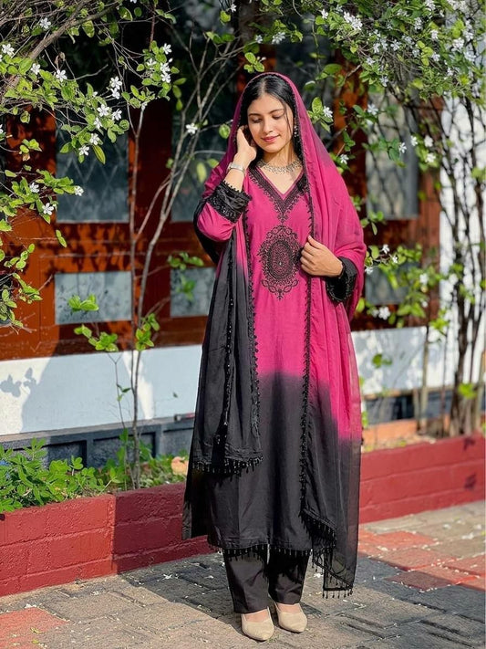 Designer Dual-Tone Embroidered Suit - Magenta & Black Shaded Kurti with Tassel Dupatta - Traditional Indian Party Wear - Ethnic Dress Set for Women