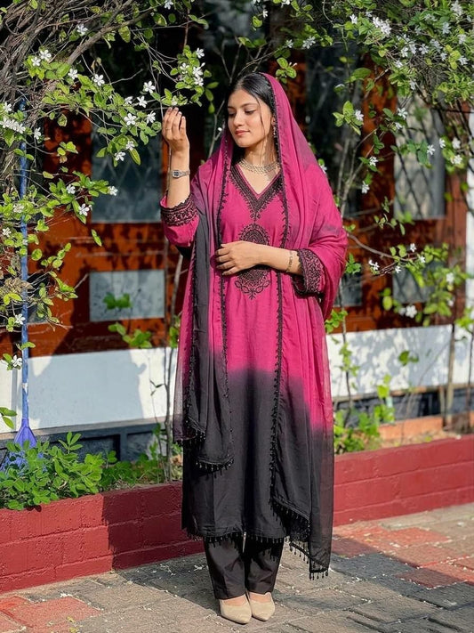 Designer Dual-Tone Embroidered Suit - Magenta & Black Shaded Kurti with Tassel Dupatta - Traditional Indian Party Wear - Ethnic Dress Set for Women