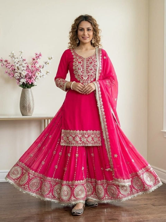 Hot Pink Georgette Sharara Suit with Heavy Gold Zari Work - 3 Piece Designer Salwar Kameez - Indian Wedding Wear - Readymade Ethnic Dress for Women