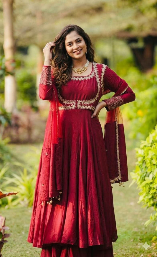 Designer Red Anarkali Dress with Intricate Gold Border Work - Luxury Silk Ethnic Wear for Weddings - Readymade Indian Floor Length Gown Set
