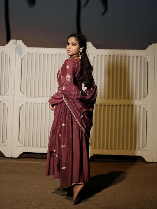 Designer Wine Silk Salwar Suit with Intricate Border Work - Luxury Ethnic Gown for Festivals - Readymade Indian Floor Length Anarkali Set