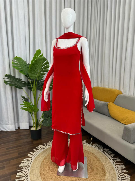 Vibrant Red Georgette Palazzo Suit with Mirror Work - Sleeveless Strappy Kurta Set - Indian Ethnic Wear for Women - Readymade Party Wear Outfit