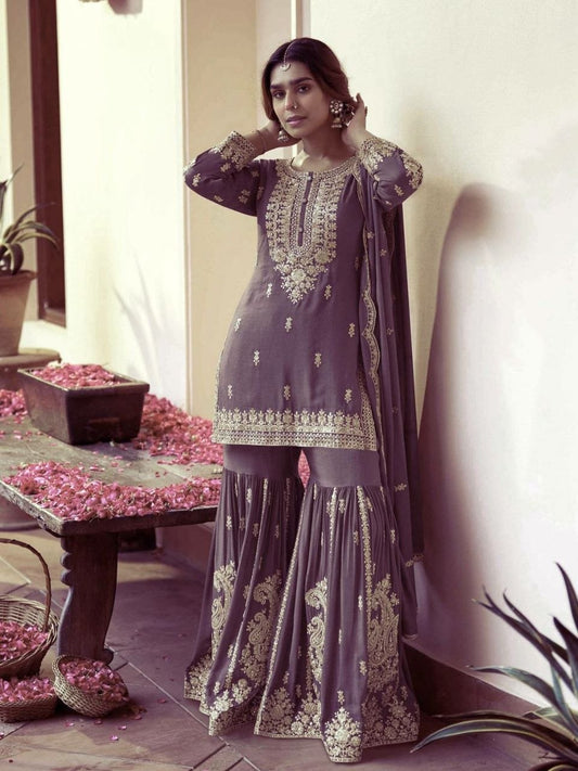 Handcrafted Dusty Purple Embroidered Sharara Set - Luxury Festive Kurta with Scalloped Border Dupatta - Indian Party Wear - Traditional Bridal Guest Outfit