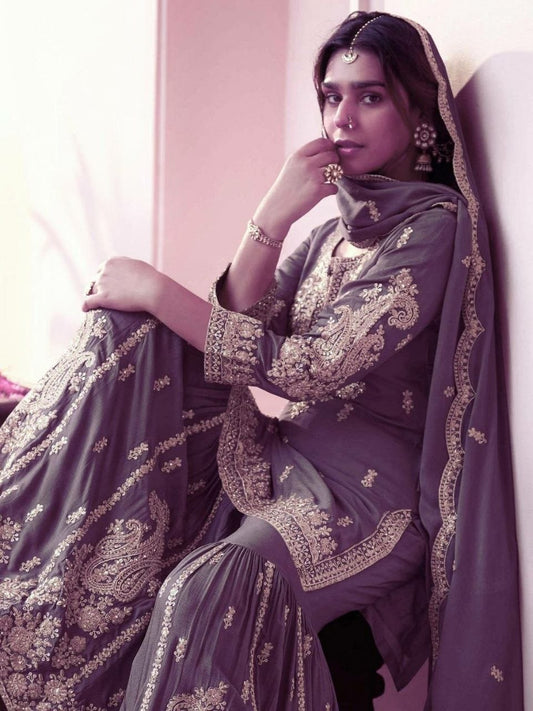 Handcrafted Dusty Purple Embroidered Sharara Set - Luxury Festive Kurta with Scalloped Border Dupatta - Indian Party Wear - Traditional Bridal Guest Outfit