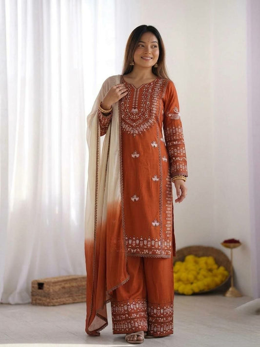 Designer Burnt Orange Salwar Suit with Intricate Floral Embroidery - Luxury Ethnic Wear for Festivals - Readymade Indian Palazzo Set with Shaded Dupatta