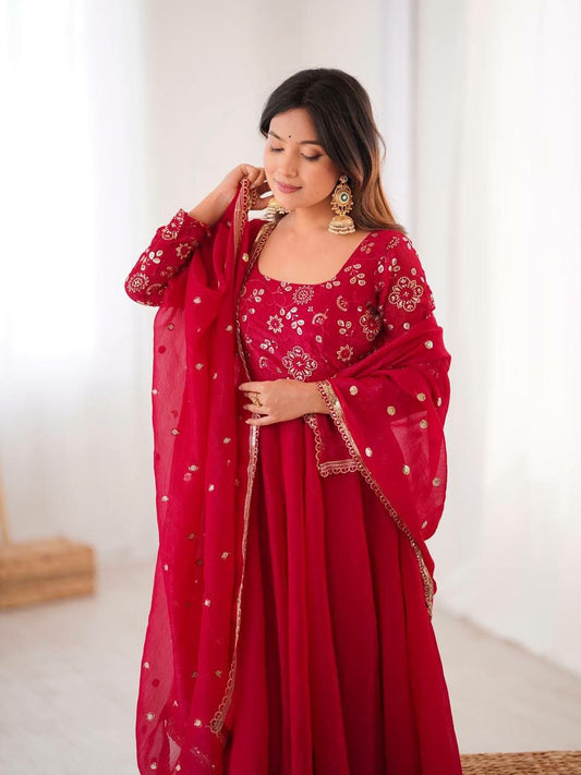 Designer Red Anarkali Dress with Intricate Gold Thread Work - Luxury Georgette Ethnic Wear for Festivals - Readymade Indian Floor Length Gown Set