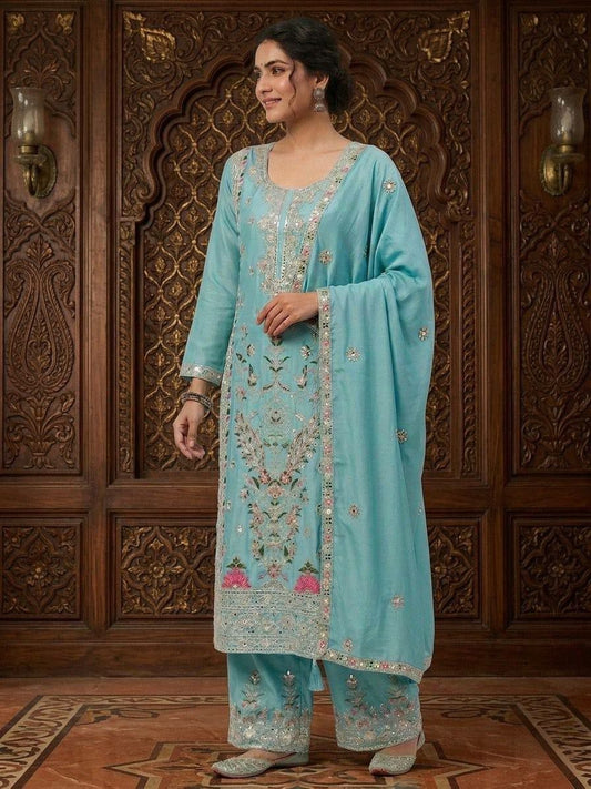 Sky Blue Embroidered Salwar Kameez Set | Gota Patti & Zardosi Work Silk Kurta | Pakistani Style Palazzo Suit with Dupatta | Wedding Guest Ethnic Wear