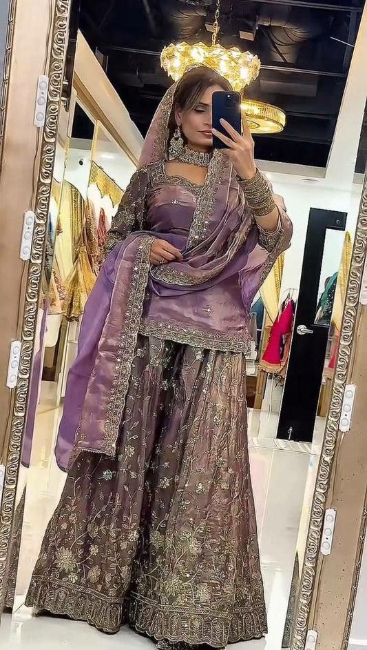 Designer Mauve Lehenga Choli for Women | Heavy Embroidered Zari Work Bridal Wear | Traditional Indian Pakistani Wedding Outfit | Festive Sharara Style Suit
