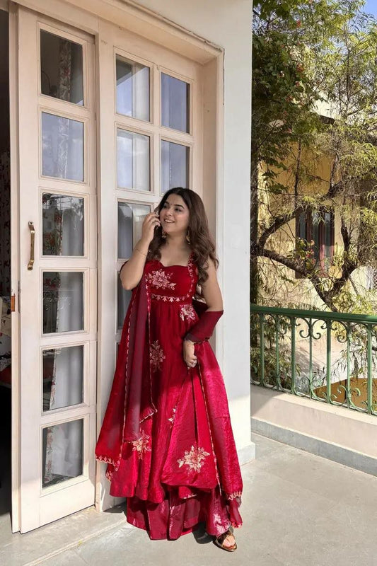 : Deep Red Embroidered Anarkali Suit | Floral Silk Long Kurta with Sharara Pants | Traditional Ethnic Wear for Weddings | Festive Indian Outfit with Dupatta