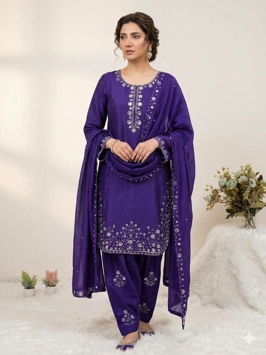 Designer Grape Purple Kurta Set | Intricate Silver Zari & Sequin Work | Punjabi Style Salwar Suit | Luxury 3-Piece Ethnic Ensemble for Women