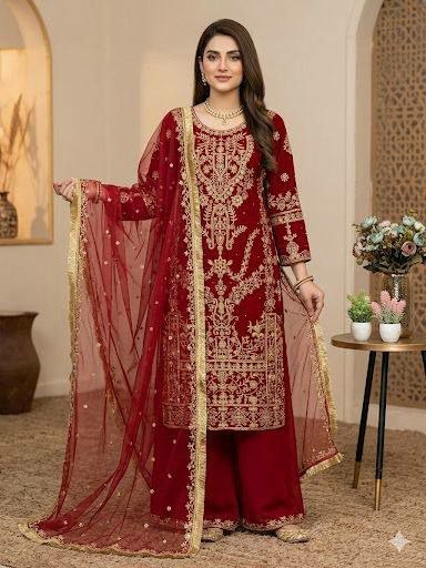 Luxury Maroon Velvet Sharara Suit | Heavy Golden Zari Embroidered Kurta with Lehenga Skirt | Traditional Indian Bridal Guest Outfit | Festive Pakistani Wedding Wear