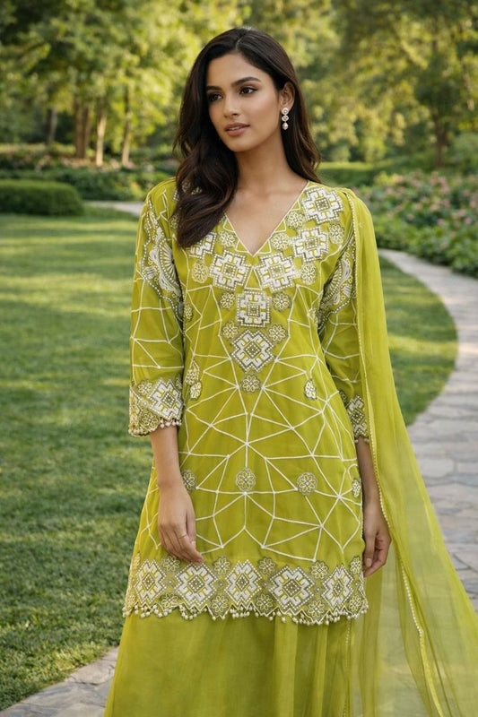 Designer Neon Green Kurti Set | Intricate White Thread Work & Geometric Embroidery | Luxury Party Wear Ethnic Suit | Chartreuse Occasion Wear for Women