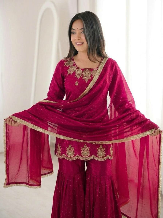 Deep Magenta Embroidered Sharara Dress | Intricate Golden Floral Embroidery & Scalloped Hem | Luxury Party Wear Ethnic Suit | Sangeet and Reception Wear for Women