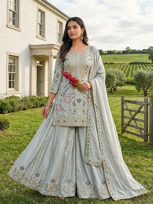 Luxury Dusty Rose Embroidered Sharara Dress | Intricate Zari Work & Sequin Details | Silk Sharara Skirt Set | Elegant Party Wear Ethnic Suit for Women
