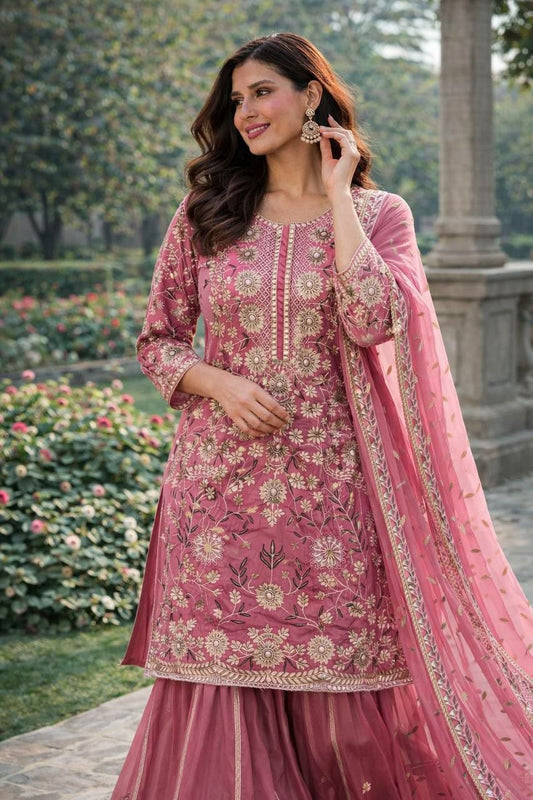 Luxury Dusty Rose Embroidered Sharara Dress | Intricate Zari Work & Sequin Details | Silk Sharara Skirt Set | Elegant Party Wear Ethnic Suit for Women