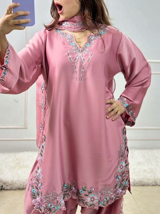 Luxury Dusty Rose Embroidered Sharara Dress | Intricate Pastel Floral Embroidery & Bow Detail | Silk Palazzo Suit Set | Elegant Party Wear Ethnic Suit for Women