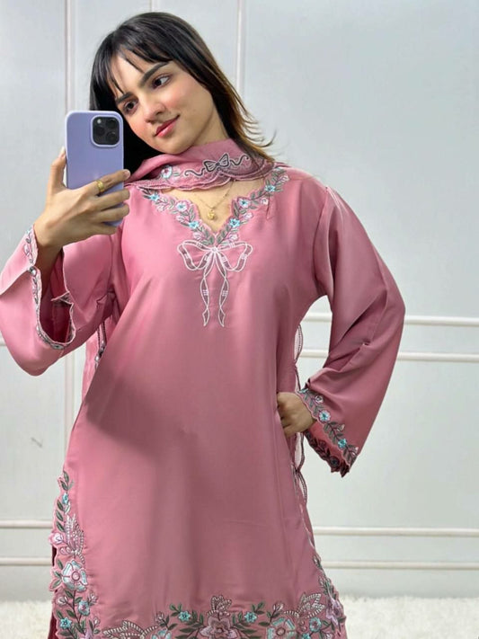 Luxury Dusty Rose Embroidered Sharara Dress | Intricate Pastel Floral Embroidery & Bow Detail | Silk Palazzo Suit Set | Elegant Party Wear Ethnic Suit for Women