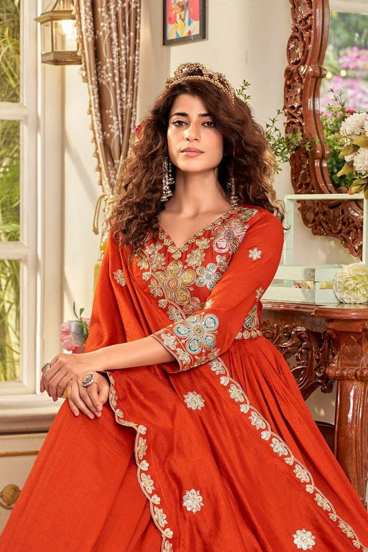 Modern Terracotta Embroidered Maxi Suit | Chiffon Dupatta with Scalloped Floral Border | Traditional Gota Patti Style Detail | Sophisticated Sangeet and Reception Wear