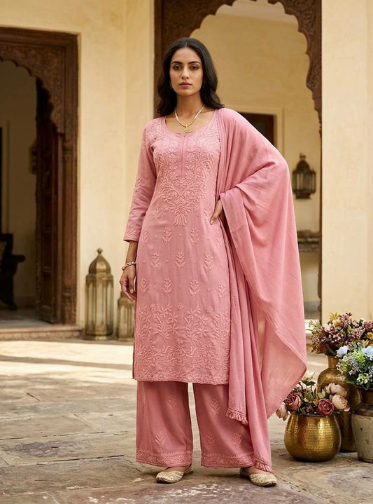 Enchanted Pink Floral Threadwork Ensemble | Timeless Traditional Silhouette with Delicate Embroidery | Soft Pastel Traditional Apparel for Daytime Celebrations