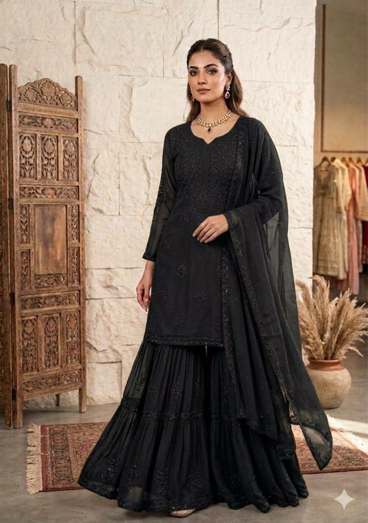 Modern Black Embroidered Tunic | Matching Chiffon Dupatta with Embroidered Border | Traditional Chikankari Style Detail | Sophisticated Evening Occasion Wear