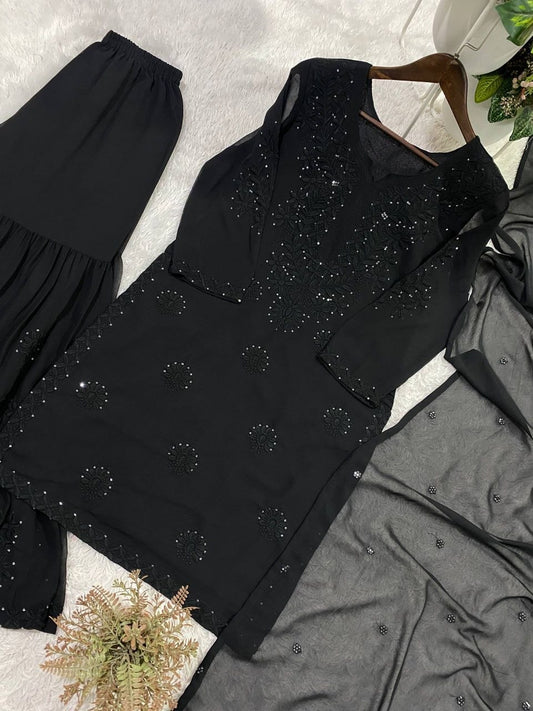 Modern Black Embroidered Tunic | Matching Chiffon Dupatta with Embroidered Border | Traditional Chikankari Style Detail | Sophisticated Evening Occasion Wear